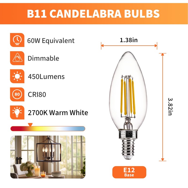 ALAMPEVER Chandelier Light Bulbs,E12 Candelabra Bulb 60 Watt,E12 LED Bulb