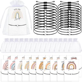 Fumete 20 Sets Inspirational Encouragement Gifts Bulk Employee Appreciation Gift for Women Heart String Bracelets with Cards Bags for Female Coworker Friend(Black)