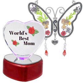 BANBERRY DESIGNS World's Best Mom Paperweight and Sun Catcher - Mother Butterfly Suncatcher with Pressed and Dried Flowers Plus a Lighted Glass Heart Statue for Her Moms