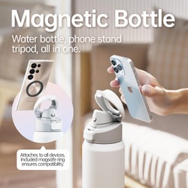64oz Insulated Magnetic Water Bottle - Stainless Steel Vacuum Flask with MagSafe Compatible Phone Holder Keeps Drinks Cold for 24 Hours Water Jug for Gym and Outdoor Activities（Silver