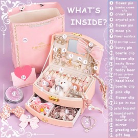 velachuan Princess Jewelry Box for Girls with Hair Accessories,Girls Hair Clips Bows Set, Fashion Hair Styling Kit with Mirror,Pink Sparkle Trinket Box Includes Hair Clips