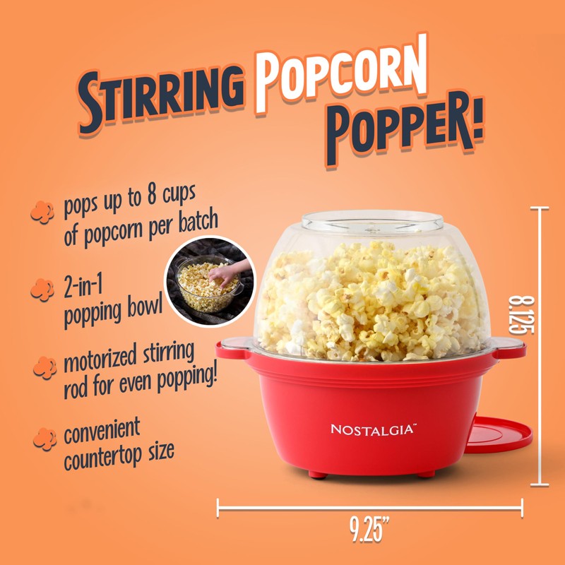 Nostalgia Electric Non Stick Stirring Popcorn Maker for 8 Cups