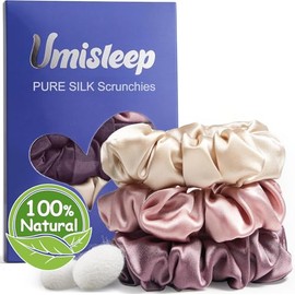 Umisleep 100% Mulberry Silk Scrunchies-No Creases Satin for Women,Hair Care | Chic and Elegant Hair Ties, Softer Hair Bobbles, Ponytail Holder for Thick Thin Curly Hair, Pink,Champagne,Plum Purple