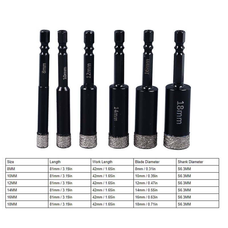 6Pcs Dry Diamond Drill Bit Kit 8 10 12 14