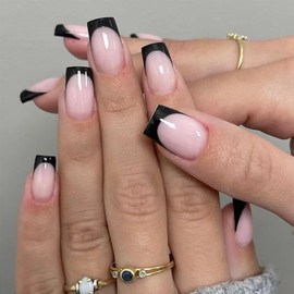 Black-edge French Square Fake Nails, Medium Long Fake Nails Glossy,Glossy Fake Nails with Glue, Comfortable Fit Stick on Nails,Long Lasting Full Cover French Tip for Women and Girls Nail Manicure
