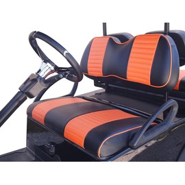 Huskey 4PCS Golf Cart Front/Rear Seat Covers for Club Car Precedent 2004-Up Gas and Electric Models Custom Fit Two-Tone Black with Orange Stripe & Piping, Marine Grade Vinyl, Staple On Design