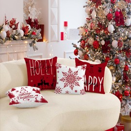 Miaikoe Red Christmas Cushion Covers 45x45 Set of 4 Christmas Decorations Happy Holidays Holly Jolly Snowflake Merry Christmas Decor Throw Cushion Case for Home Couch Sofa Deco