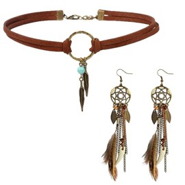 Western Necklace Earrings Set for Women Boho Feather Drop Dangle Earrings Leather Choker Necklace Bohemian Western Jewelry Gifts Accessories 2024