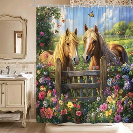 MUENKKCS Western Horse Shower Curtain Rustic Farmhouse Animal Wooden Fence Colorful Floral Butterfly Grassland Wildflower Country Farm Nature Landscape Bathroom Decor Curtain with Hooks,70Wx70L