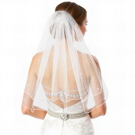 Psyqtsuary White Short Wedding Veil Short Bridal Veil Women's Short Vails with Pearl Rhinestone Elegant Tulle Layer Veil For Brides and Women