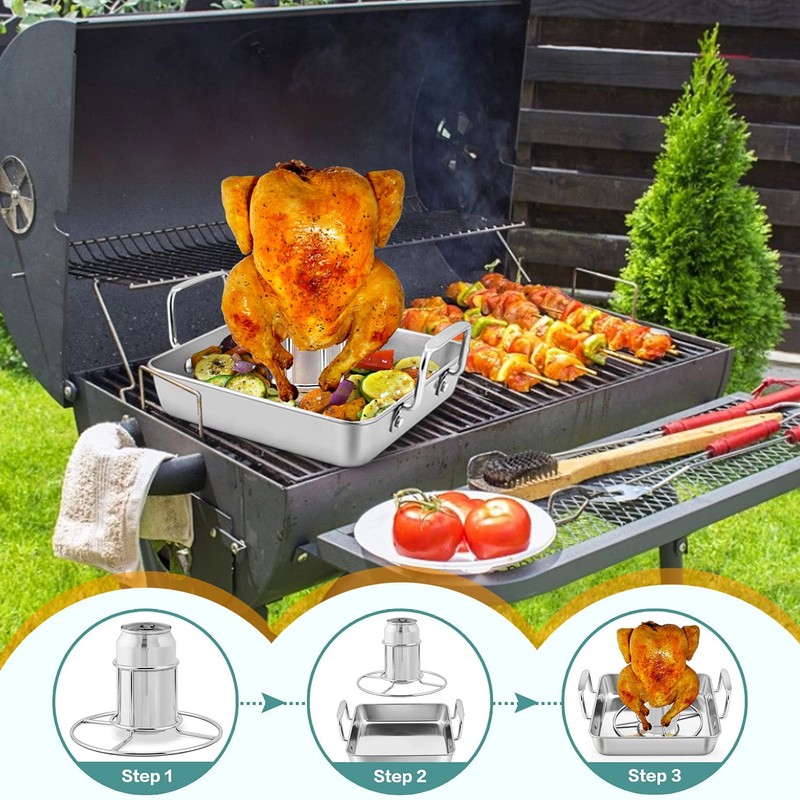P&P CHEF Beer Can Chicken Holder with Roasting Pan Set,
