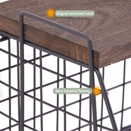 LIGHT DUST Wall Storage Hanging Baskets 2 Pack - Large Wooden Top Wire Basket Organizers & S Hooks - Assemble Floating Shelf Racks for Pantry Kitchen Office Bathroom Garage Organization