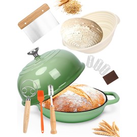 QuliMetal Dutch Oven Bread Baking- 5QT Enamel cast iron Oven with Sourdough Bread-Baking Supplies like Bread Proofing Basket, Scoring Lame, Dough Whisk for Sour dough, Bread-making Green