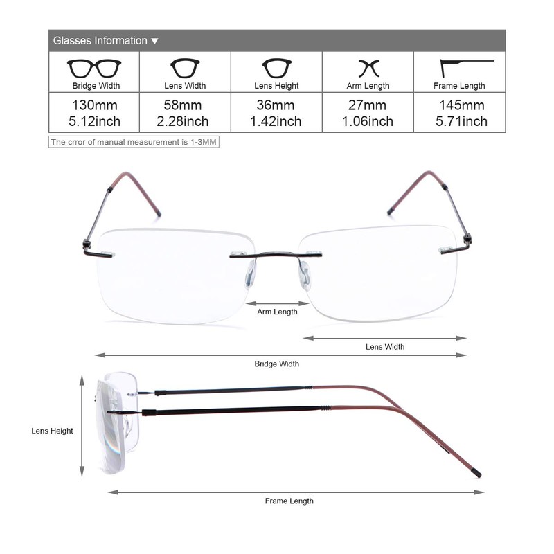 Rimless Progressive Multifocus Reading Glasses Blue Light Blocking No Line
