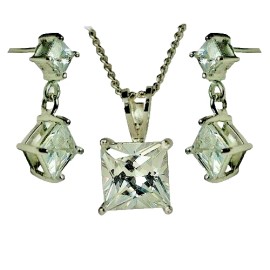 925 Sterling Silver Earring Necklace Set CZ 925 Sterling Silver Earring Necklace 3pc Set 18" chain princess pendant New