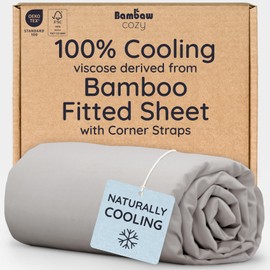 Bambaw 100% Viscose Derived from Bamboo Fitted Sheet Queen Size, Cooling Fitted Sheet Queen Size, 16’’ Pocket Fitted Sheet with Elastic Corner Straps, Queen Size Fitted Sheet Only (Moonlight Gray)
