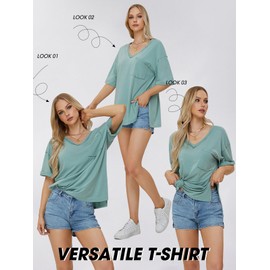 EXLURA Womens 2024 Summer Oversized T Shirts Loose Fit Short Sleeve V Neck Tops Athletic Workout Gym trendy Tee, Blue Green, XX-Large