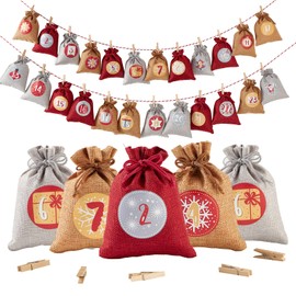 Advent Calendar for Filling, Printed Christmas Calendar, Jute Bags, 24 Large Jute Bags Chain to Fill Yourself and Hang, 2024 Gift Bags for Children (Red)