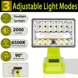 GRVODFRTA 28W 2000LM Cordless LED Work Light for Ryobi One 18V Battery Portable Flood Lights for Outdoor Indoor Workshop Job Site, Floodlight & Spotlight Modes/Pivoting Head/USB Port(No Battery)