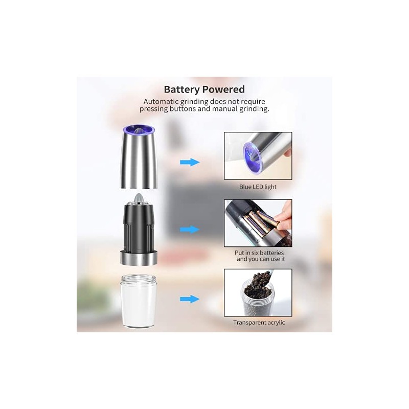 Gravity Electric Pepper and Salt Grinder Set - Adjustable Coarseness