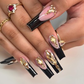 BABALAL Nails Press on Long Square Fake Nails with Glue Black French Tip Glue on Rhinestone Gold Bling Luxury 24Pcs Squoval Full Cover False Acrylic Nails Thick Supplies for Women Girls