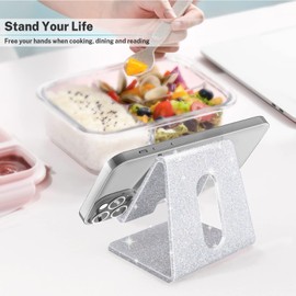 Crpich Acrylic Cell Phone Stand, Portable Phone Holder, Phone Stand for Desk, Compatible with Phone15 14 13 12 Pro Max Mini 11 Xr Plus SE, Switch, Android Smartphone, Pad, Tablet, Glitter Silver