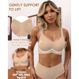 HORISUN Seamless Bras, Full Coverage Wireless Push Up Bra for Women, Comfortable V-Neck Bralettes with Support, skin-coloured