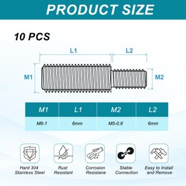 PATIKIL M5x6 to M6x6 Double End Threaded Stud Screw Bolt, 10 Pack Slotted Head 304 Stainless Steel Rod Bolts Thread Reducer Adapter for Furniture Fastener, 12mm Long