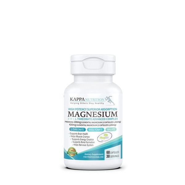 Magnesium, L-Threonate (60 Capsules), 2,253mg Per Serving, Providing 420mg Elemental, Bisglycinate Chelate, Malate, for Brain, Sleep, Stress, Cramps, Headaches, Energy, Heart, from Kappa Nutrition.