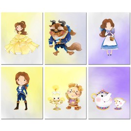 Beauty and The Beast Prints - Set of 6 (8 inches by 10 inches) Original Watercolor Kids Bedroom Nursery Wall Art Decor 8x10 Photos Belle Prince Beast Cogsworth Lumiere Mrs Potts Chip
