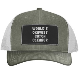 World's Okayest Cutch Cleaner - Leather Black Patch Engraved Trucker Hat, Heather-White, One Size