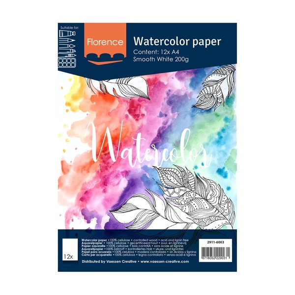 Vaessen Creative Florence 2911-6003 Watercolour Paper, A4, White, 200 g/m² Smooth Paper, 12 Sheets for Watercolour Painting, Hand Lettering and Brush Lettering, Piece