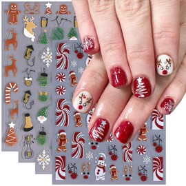 Christmas Nail Art Stickers 5D Embossed Self-Adhesive Glitter Christmas Snowman Gingerbread Man Snowflake Gnome Reindeer Nail Design Xmas Tree Bell Nail Decals New Year Holiday Manicure Decor 4Sheets