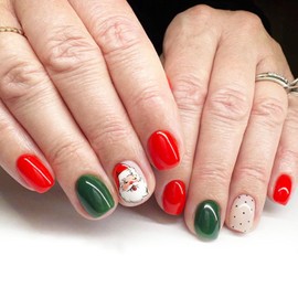 ZWENJIE Christmas Press on Nails Short Square Winter Red Fake Nails Cute Green Santa Claus and Spot Full Cover Glue on Nails Glossy Acrylic False Nails Holiday Kit for Women and Girls 24 PCS