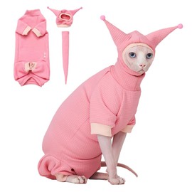 SNIXfever Sphynx Cat Clothes Waffle Pattern Suit, Cute Pet Hat and Shirt Set, Hairless Cat Devon Cornish Pink and Black Suit, (X-Small, Pink)
