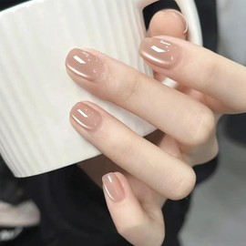 Cat Eye Press On Nails - 30Pcs Short Square False Nails - Crystal Nude Colour Fake Nails With Glue - High Glossy Full Cover Acrylic Stick On Nails For Women Girls