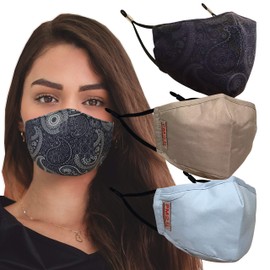 Spotlight Hosiery 3 PACK Washable Reusable Face Mask Nose Wire Ear Adjuster Filter Pocket (Adult THK-MIX102 (Black Paisley (Polyester), Gray (Cotton), Light Blue (Cotton)))