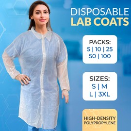 AMZ Supply White Disposable Lab Coats for Adults, 3X-Large. Pack of 50 Medical PPE Disposable Clothing. Polypropylene 40 GSM Knee Length Lab Coat with Elastic Wrists, Hook & Loop Fastener, No Pockets