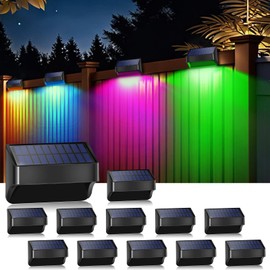 AMKI Solar Fence Lights Outdoor 12 Pack 4 Modes, Solar Fence Lights Outdoor Waterproof IP65, Warm White & RGB 8 Color Outdoor Wall Lights Backyard Lights for Yard/Pool/Porch/Patio/Railing