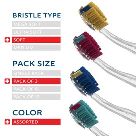 TELLO Adult Soft Ortho Toothbrush for Gentle Cleaning with Ergonomic Handle, Made in Switzerland, Colors Vary, 3-Pack