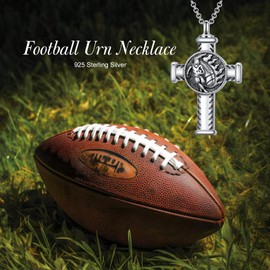 PROESS American Football Cross Urn Necklace for Ashes Sterling Silver Cremation Football Cross Sports Pendant Jewelry for Women Men Sport Lover