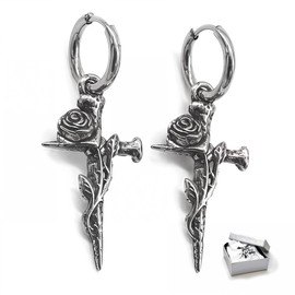 Gothic Rose Cross Earrings for Women, Vintage Religious Dangle Hoop Earrings with Detachable Pendant, 316L Stainless Steel Thorns Cross Drop Earrings, Gold/Silver, Medium, 316L Steel, 0