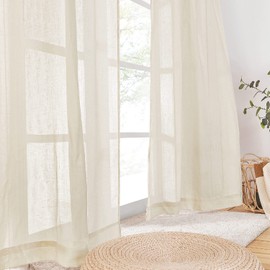 PONY DANCE Sheer Curtains With Tiebacks, Linen Look, Stylish, Solid Color, Natural, Width 39.4 x Length 70.1 inches (100 x 178 cm), Cream, For Living Rooms, Bay Windows, Japanese-Style Rooms, Glass Doors, Room Partitions