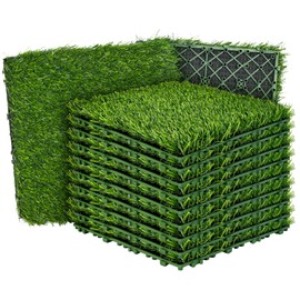 DwlSpce Artificial Grass Tiles Interlocking Self-draining Turf Set Fake Grass Square Mats 9 Pack 12"x12" Height 1.57'' Outdoor Indoor Placemats Table Floor Decor, Patio, Balcony, Backyard, Pets, Kids