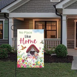Spring Summer Garden Flag 12x18 Inch Double Sided Bird Yard Flags Butterfly Hummingbird Flowers, No Place Like Home, for Outside Yard Decoration