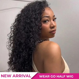 ISEE HAIR [WEAR GO HALF WIG] ISEE Invisible Hairline Wear Go Half Wig Glueless Human Hair Wigs Water Wave Hair Seamless Flip Over Wig Beginner Friendly Vacation Hair - Hair Length: 14 inch (Bob)