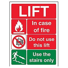 VSafety 65005AN-G "Lift Fire Notice" Warning Machinery Sign, Glow In The Dark, 1 mm Plastic, Portrait, 150 mm x 200 mm, Black/Green/Red