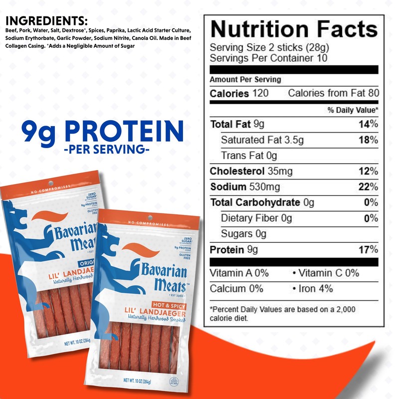 Bavarian Meats Lil' Landjaeger Meat Sticks, Smoked Sausage Protein Snacks,