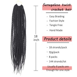 8 Packs Havana Twist Crochet Hair Senegalese Crochet Braid Hair for Black Women Jumbo Twist Prelooped Braiding Hair Extensions (18 Inch Offblack1B#)