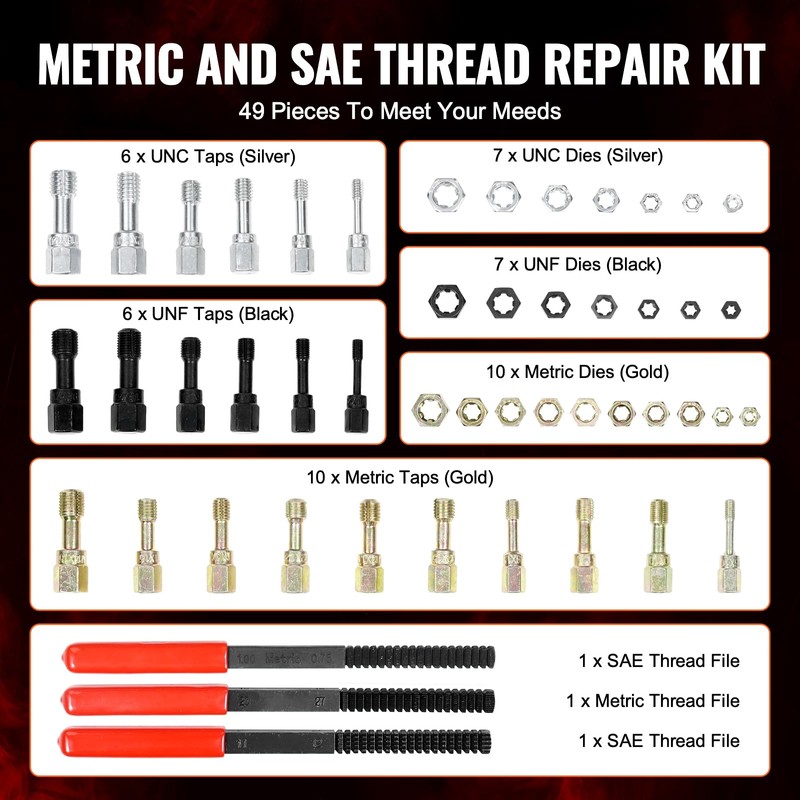 VEVOR Thread Chaser Set - 49-Piece UNC UNF and Metric